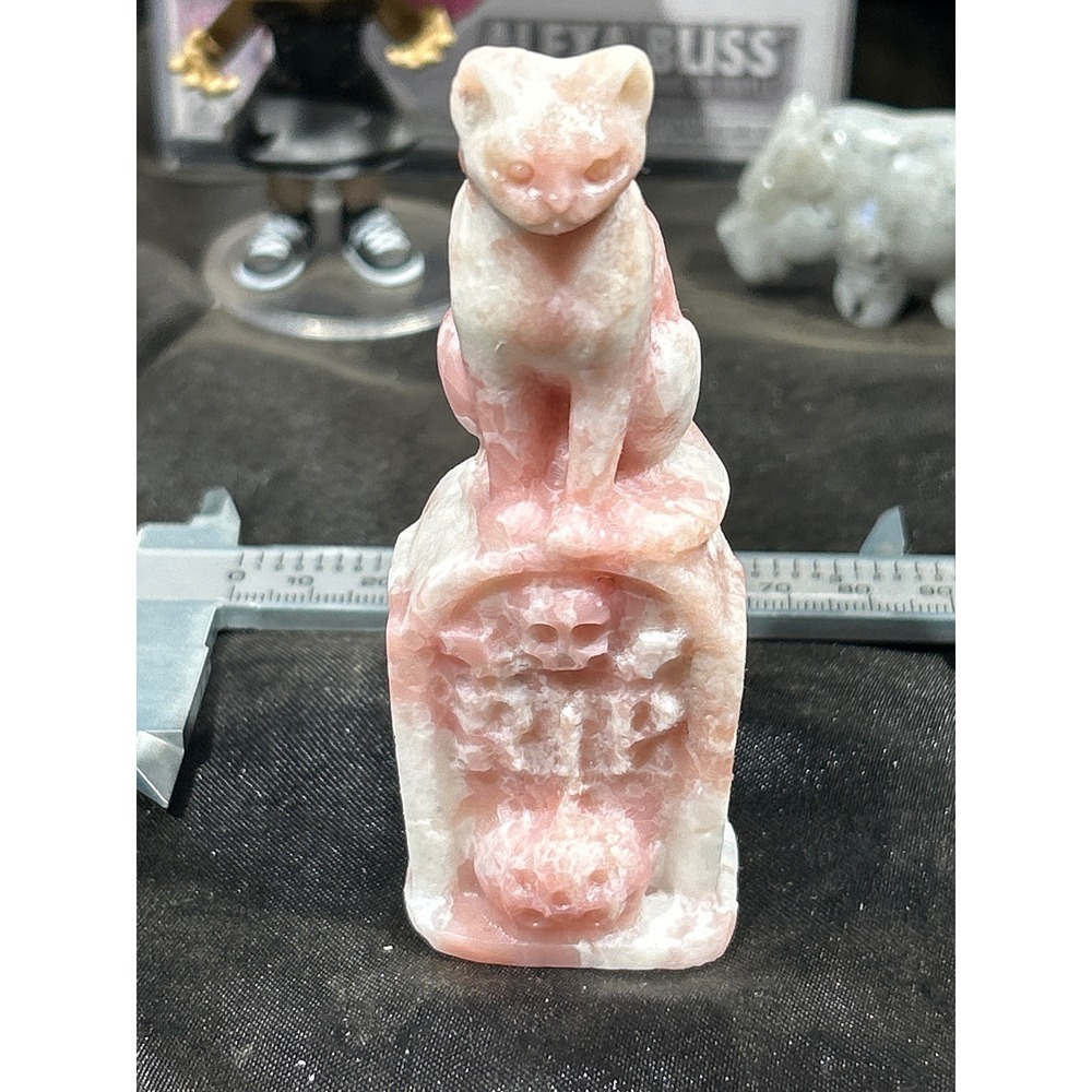 Pink Opal Cat on Tombstone Figurine RIP Skull Halloween Decor Hand Carved